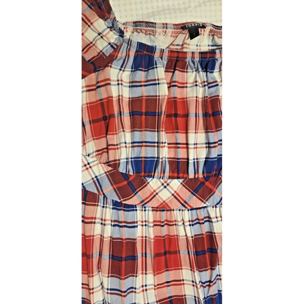 Torrid Puff Sleeve Tiered Challis Plaid Red White & Blue Prairie Maxi Dress 1X - Picture 16 of 16